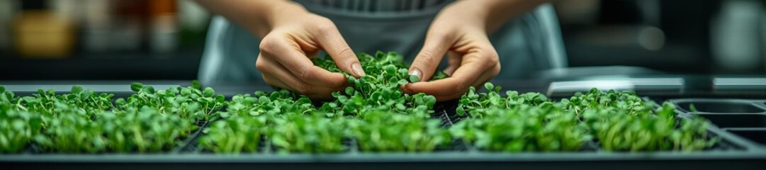 Person Carefully Trimming Microgreens in a Hydroponic Garden for Fresh Salad. Generative AI