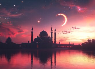 Fototapeta premium A stunning Ramadan background with an Islamic mosque silhouette against the backdrop of a beautiful sunset sky, adorned by a crescent moon and stars. A scene filled with tranquility.