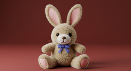Obraz premium Soft plush bunny toy sits serenely against rich red background warm light enhances fluffy texture. AI Generated