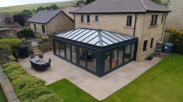 A stylish kitchen extension with a lightweight, durable fiberglass roof enhancing brightness.