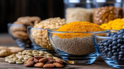 Fototapeta premium Fresh Plant-Based Protein Sources Arranged on a Rustic Wooden Kitchen Counter, Healthy Lifestyle and Nutritious Diet Concept