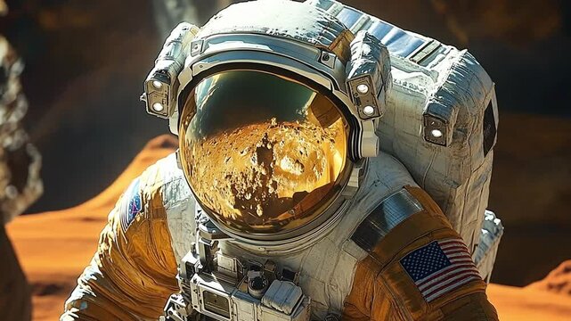 Martian astronaut helmet reflecting Martian surface footage