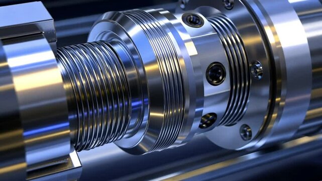 High-tech metallic spindle in a mechanical system, showcasing industrial automation, precision engineering, and advanced machinery components.