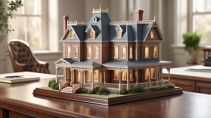 Exquisite Victorian house model showcasing intricate details, placed on a polished wooden desk