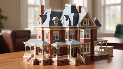 Intricate Victorian house model on a polished desk, showcasing detailed architecture and elegant design