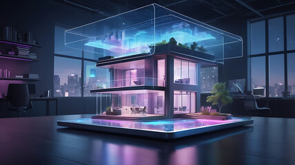 Futuristic house model illuminated with neon lights, showcasing advanced architectural design in a modern office