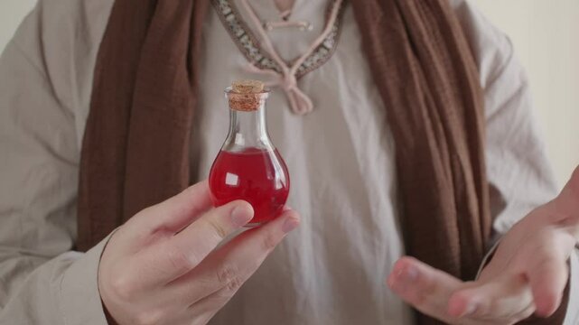 A man with a cross around his neck holding a potion in a red glass bottle