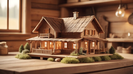 Charming wooden house model with illuminated windows displayed on a rustic table