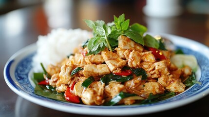 Delicious Stir-Fried Chicken with Fresh Herbs and Rice on a Rustic Wooden Table