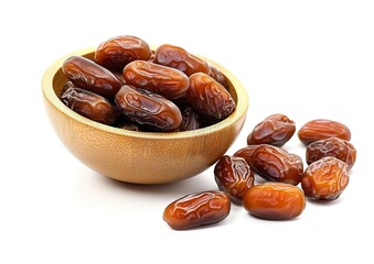 A wooden bowl filled with dates spilling out on a white background, a real photograph. 