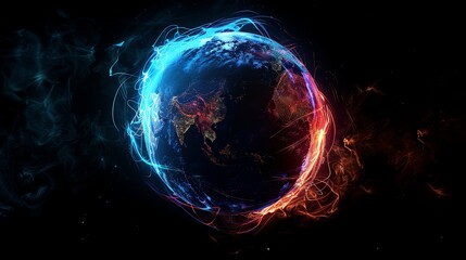 A glowing digital globe with a network of lines and dots.