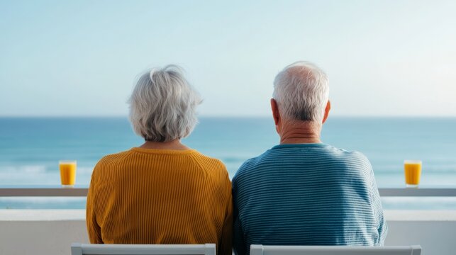 Senior Travel, Happy Retirement concept. Retired Couple Enjoying Breakfast with Ocean View in Morning Light - Powered by Adobe