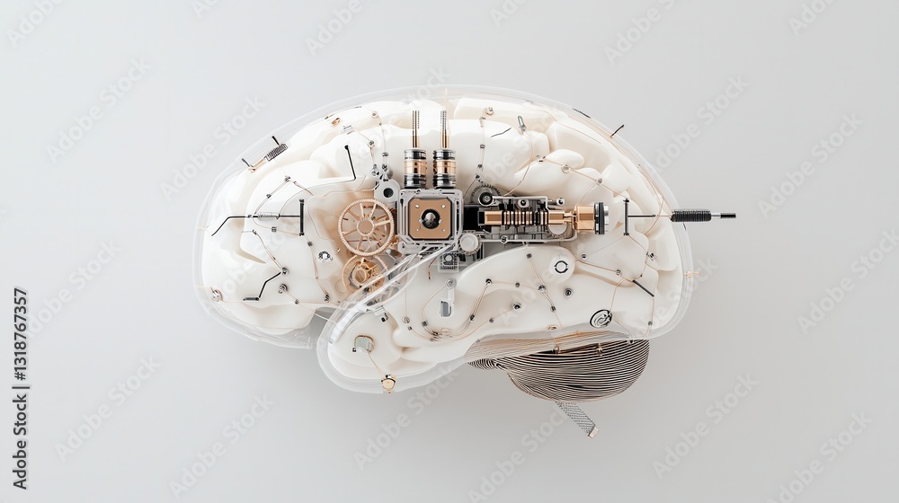 Poster intricate steampunk inspired cybernetic brain with gears circuits and mechanical components represen