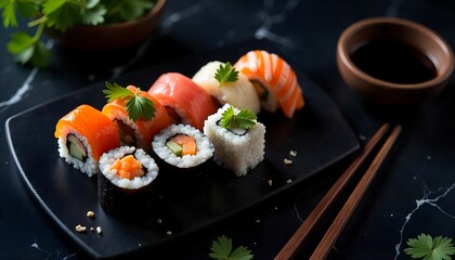 Delicious assortment of sushi rolls on a dark plate.