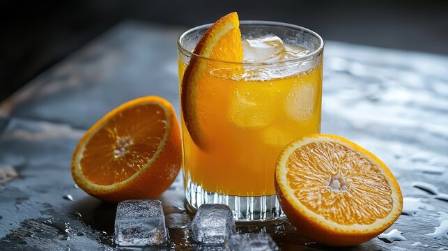 A glass of orange juice with ice cubes and a slice of orange