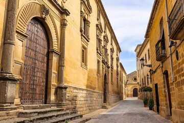 Fototapeta premium Facades of impressive medieval-style houses in the historic center of Baeza, Jaen, Andalusia.