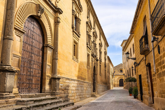Facades of impressive medieval-style houses in the historic center of Baeza, Jaen, Andalusia.