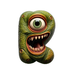 Obraz premium A green, bumpy monster shaped like the letter R. With warts, boils, and two mismatched eyes — one bigger than the other — it’s creepy yet funny. 