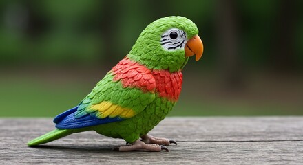 Vibrant green parrot figurine sits serenely outdoors bathed in soft sunlight. AI Generated