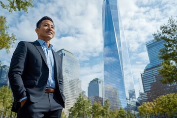 Fototapeta premium Business professional stands confidently in front of skyscraper under cloudy blue sky in urban setting