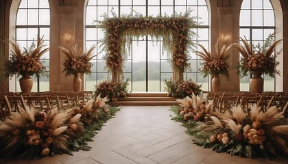 Elegant floral decoration for indoor wedding ceremony with lush greenery and bright flower arrangements