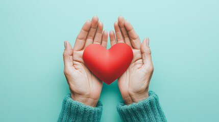 Banner of the elder hand holding heart symbol with copy space. World heart day, organ donation, doctors' day	
