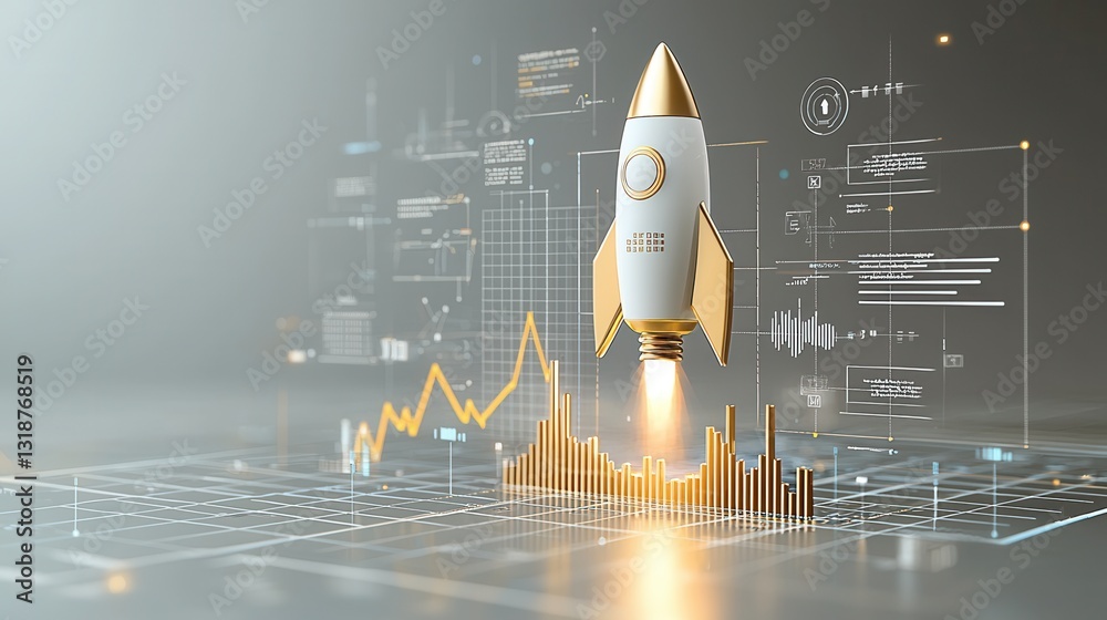 Poster futuristic 3d rendering of a rocket launch symbolizing business success and growth with integrated d