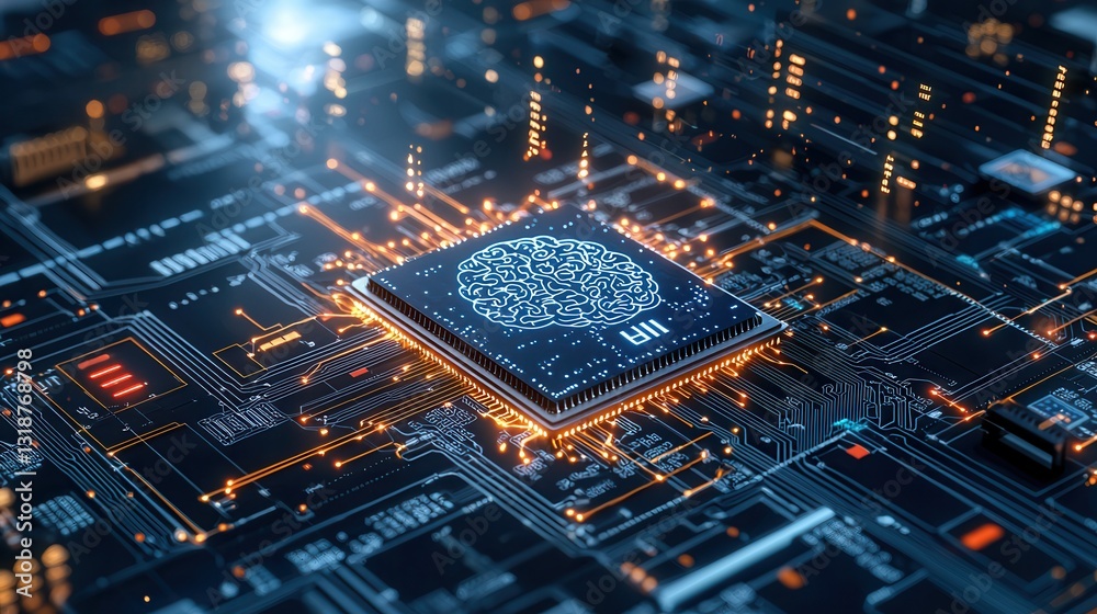 Poster intelligence and learning fusion concept with detailed technology circuit board backdrop futuristic 