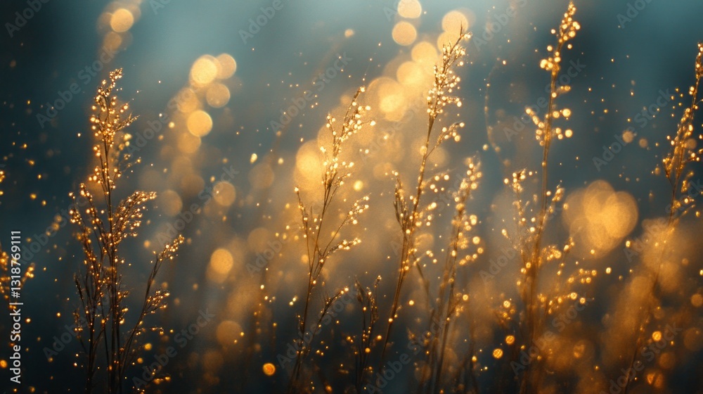Poster Sunset light filters through wispy grass, illuminating droplets of dew that twinkle like tiny stars. This magical moment captures nature's beauty in soft focus