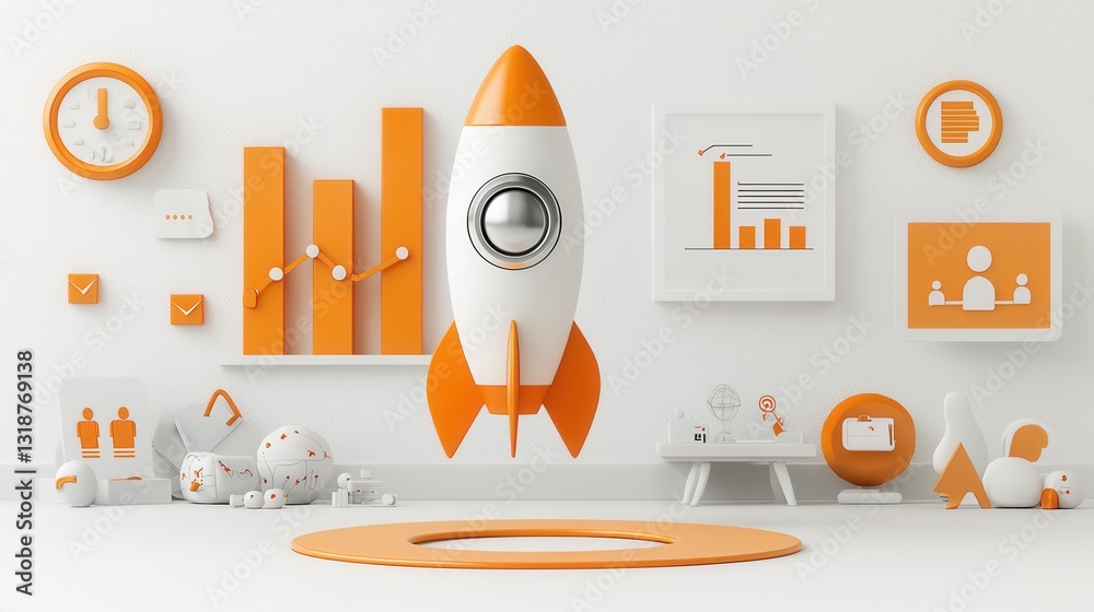 Poster minimal and professional startup concept with digital 3d rocket and data visualization elements on a