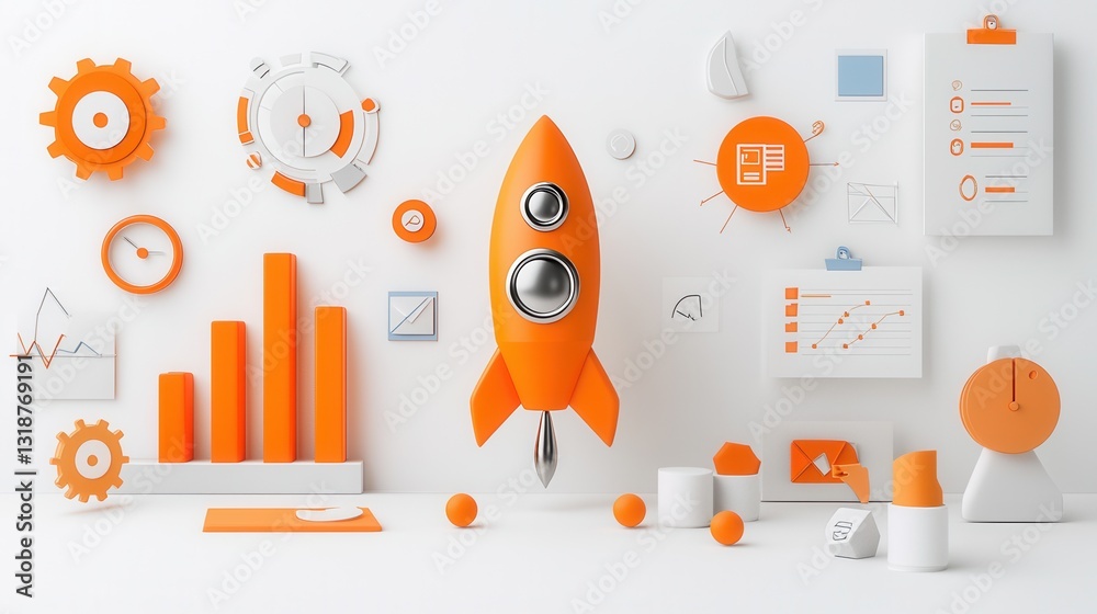 Poster minimal and professional startup concept layout with 3d rocket icon data analytics graphs and variou