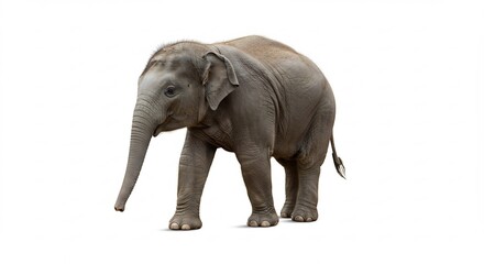 Fototapeta premium Adorable baby elephant stands gently against bright white background. AI Generated
