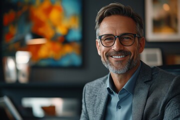 Fototapeta premium Professional man with glasses smiles warmly in modern office setting during afternoon hours