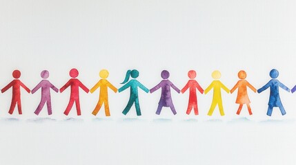 Diverse and inclusive symbolized by a row of vibrant multicolored paper figures holding hands representing acceptance  This minimalist contemporary showcases the power of togetherness and solidarity