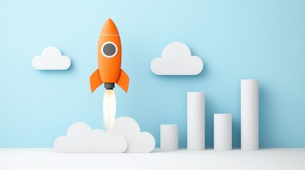 Minimalistic and modern startup concept featuring a rocket launch symbolizing business growth success and innovation
