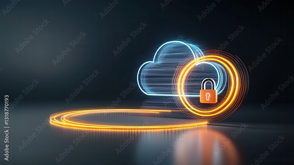 Poster innovative cloud security technology design featuring abstract digital protection elements like lock