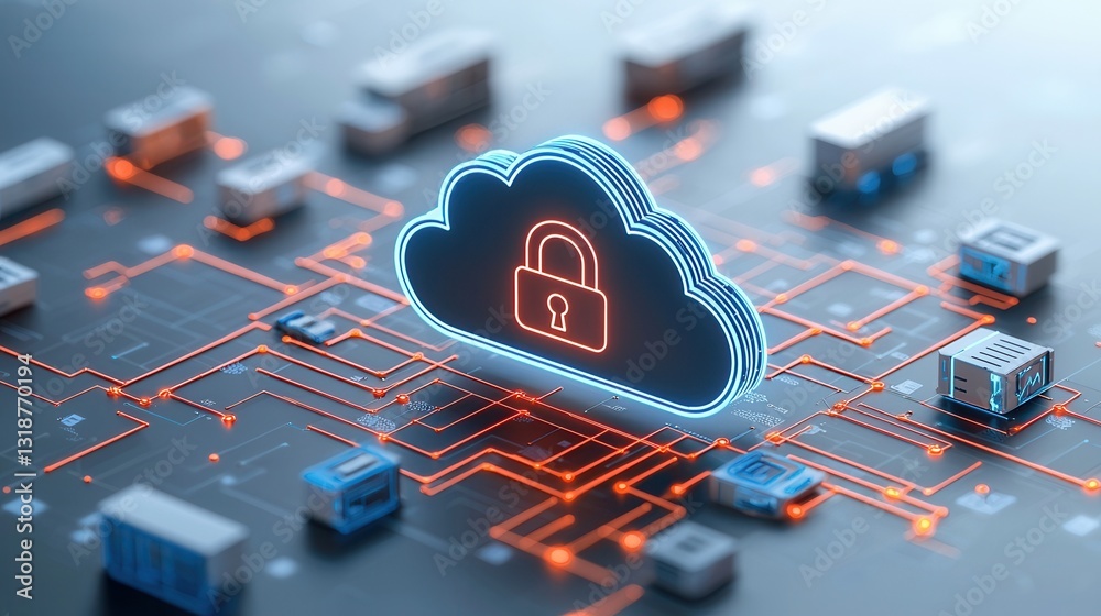 Poster modern cloud security technology design with digital network and data protection encryption features