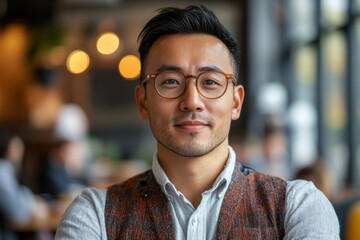 Obraz premium Confident individual smiling in a cozy cafe setting during a busy day with warm lighting and modern decor