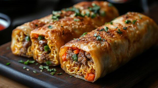 Crispy ramen eggrolls with meat and vegetables inside the wrappers. Generative AI