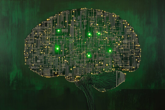 Tech circuit board shaped like brain glowing green background