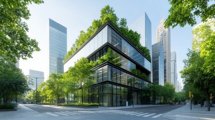 Obraz premium Striking contemporary eco friendly office building with a sleek glass facade towering above the lush greenery and cityscape of a bustling urban center
