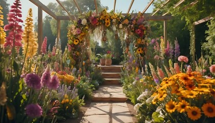 Obraz premium Colorful Flower Archway Surrounded by Lush Greenery and Vibrant Blooms in Outdoor Garden Setting