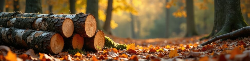 Forest floor with stacked white birch logs and autumn leaves, birch, leaves