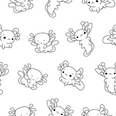 Cute axolotl character. Seamless pattern. Coloring Page. Kawaii ambystoma amphibian different poses. Vector drawing. Design ornaments.