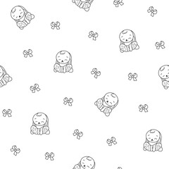 Cute rabbit character. Seamless pattern. Coloring Page. Kawaii cartoon hare. Vector drawing. Design ornaments.
