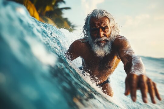 Elderly man surfing a wave at sunset on a tropical beach with palm trees in the background - Powered by Adobe