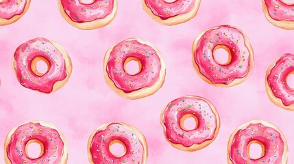 A fun and playful pattern of donuts on a soft pink pastel background, creating a sweet and vibrant design.