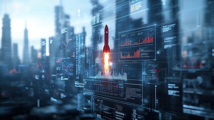 A futuristic neon lit cityscape with a powerful red rocket launch ascending into the sky showcasing a vision of advanced urban architecture technology and infrastructure in a dynamic vibrant