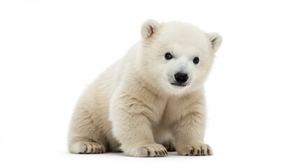 Obraz premium Adorable polar bear cub sits against bright white background. AI Generated