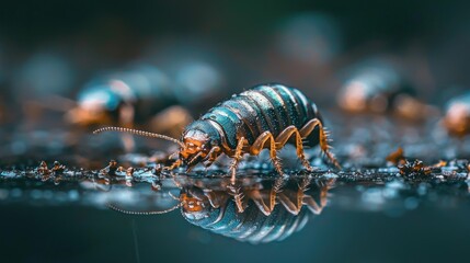 Isopod close-up. Reflecting in shallow water, showcasing its segmented body and delicate antennae